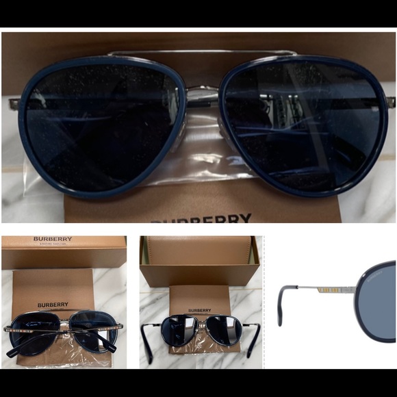 BURBERRY UNISEX GUNMETAL DARK BLUE PILOT AVIATOR LOGO SUNGLASSES - Picture 2 of 14
